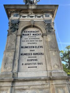 Monument in Nijmegen about the building of the line to Cleve (today Kleve). The line no longer operates. Monument by Jan Jacob Weve, Spoorwegmonument, built 1884